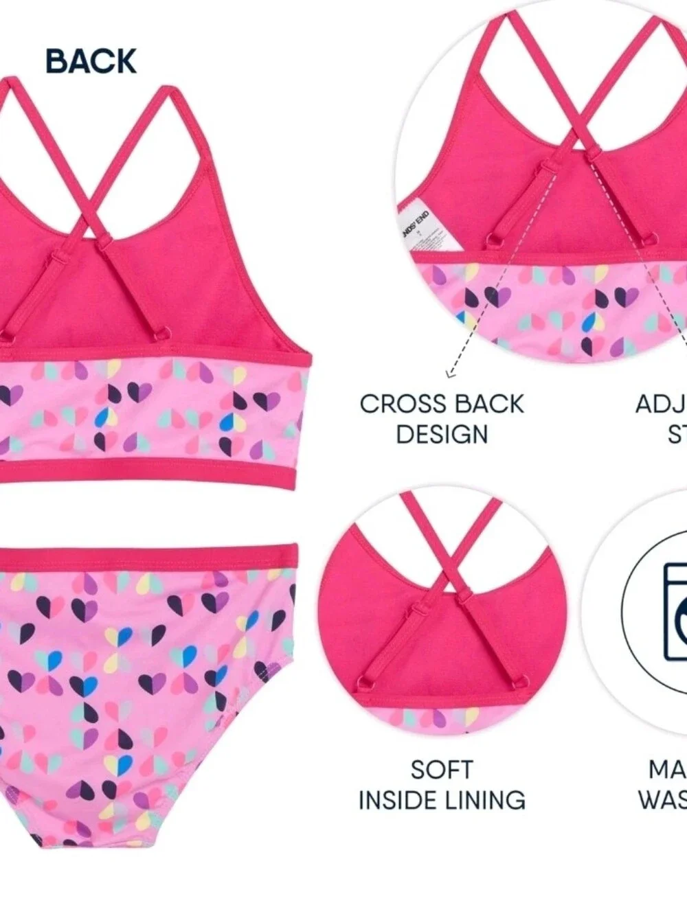 Lands' End Girls' Swim UPF 50+ Adjustable Strap Bikini Set. Size Small